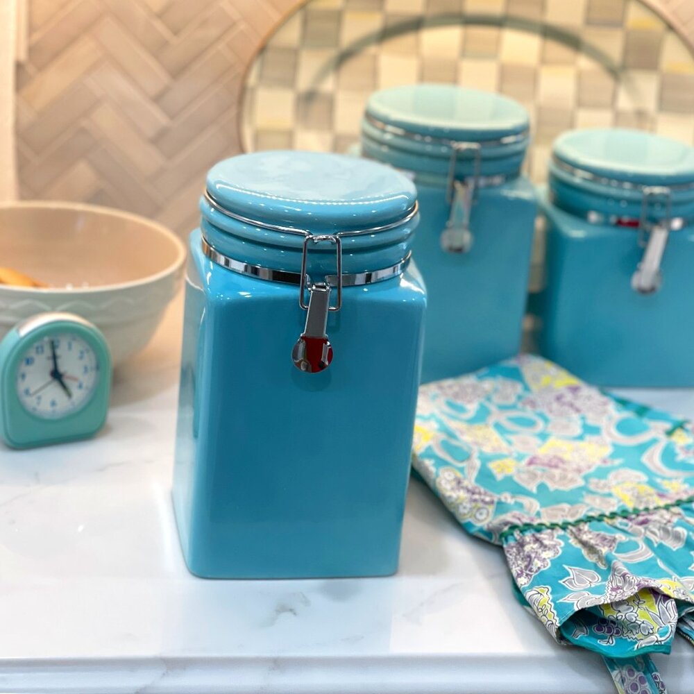 Vintage Aqua Blue Ceramic Canister (9.5" x 5" x 5") - Picture 2 of 15